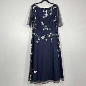 Eshakti Dress Navy Blue Wms 1X Embroidered Floral Mesh Fit Flare Tea Length